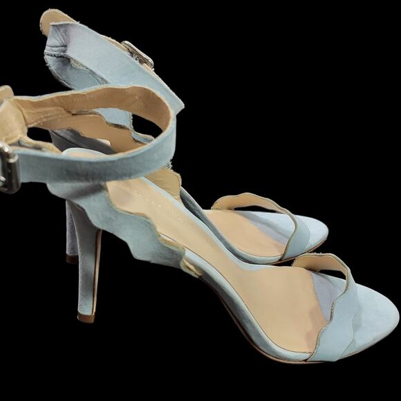 Loeffler Randall Reina Heel Blue Sandals Ankle Strap Leather Wavy Scalloped 8.5 - Picture 14 of 15